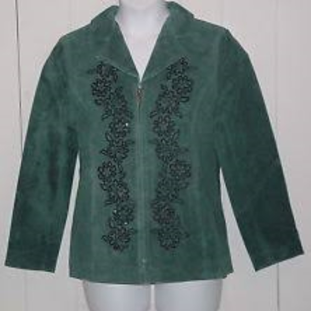 Nolan Miller Floral Embroidered Green Suede Jacket